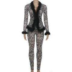 Leopard print long sleeve feather mesh pant set