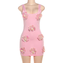 Glitter flower applique u neck tank mini dress
