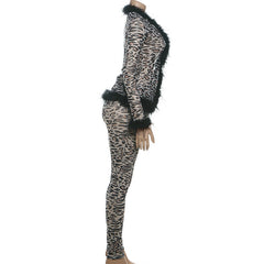 Leopard print long sleeve feather mesh pant set