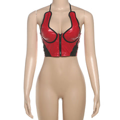 Halter zip-up v neck PU leather crop top