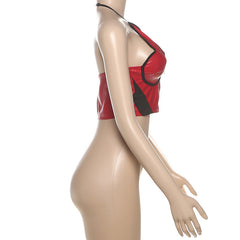 Halter zip-up v neck PU leather crop top