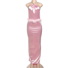 Halter slit feather backless maxi dress