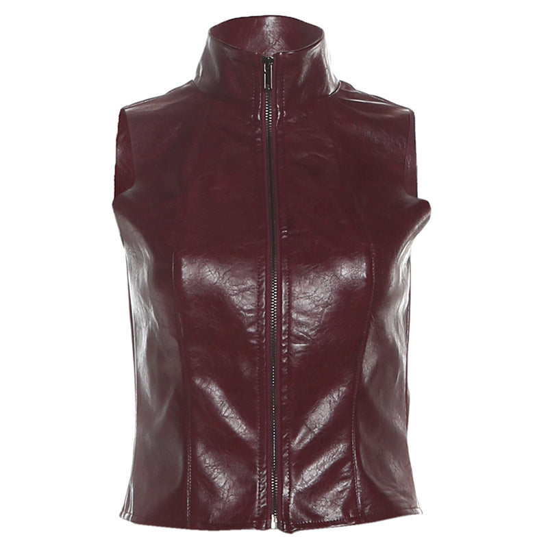 High neck zip-up PU leather sleeveless top