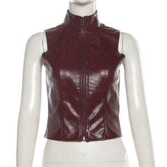 High neck zip-up PU leather sleeveless top
