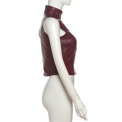 High neck zip-up PU leather sleeveless top