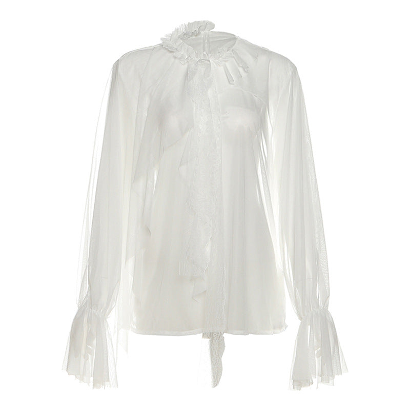 See through long sleeve ruffle crewneck top