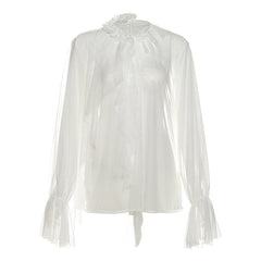 See through long sleeve ruffle crewneck top
