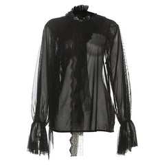 See through long sleeve ruffle crewneck top