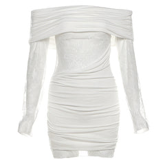 Off shoulder long sleeve lace ruched mini dress