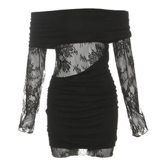 Off shoulder long sleeve lace ruched mini dress