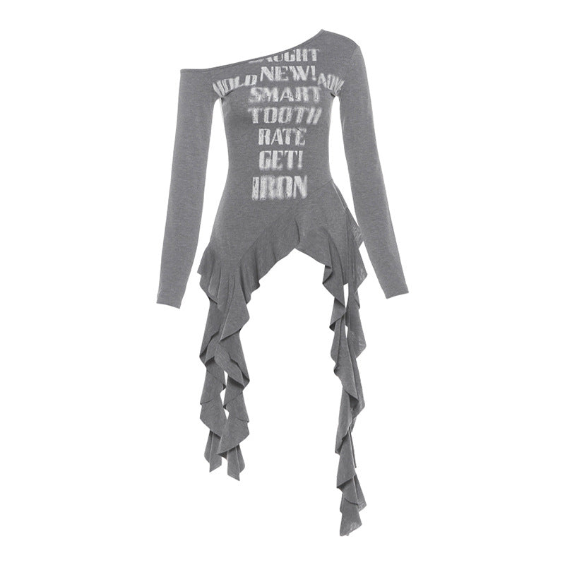Irregular long sleeve letter pattern ruffle top