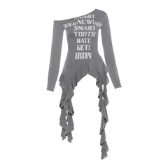 Irregular long sleeve letter pattern ruffle top
