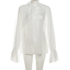 See through long sleeve ruffle crewneck top