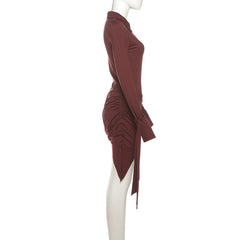 Long sleeve turnover collar button ruched mini dress