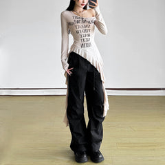 Irregular long sleeve letter pattern ruffle top