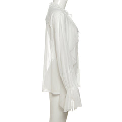 See through long sleeve ruffle crewneck top