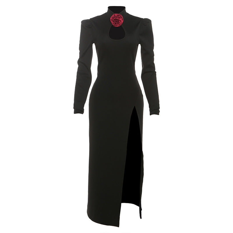 High slit flower applique long sleeve maxi dress
