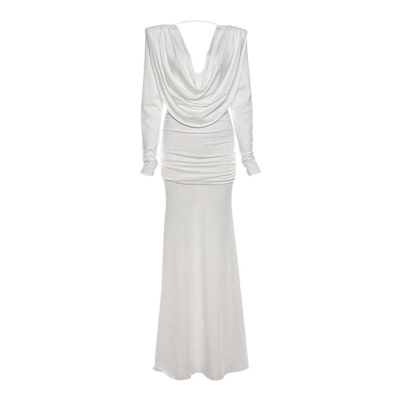 Long sleeve cowl neck ruched solid maxi dress
