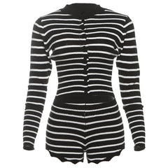 Long sleeve button striped crewneck pant set