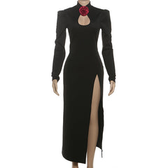 High slit flower applique long sleeve maxi dress