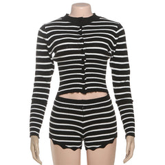 Long sleeve button striped crewneck pant set