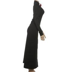 High slit flower applique long sleeve maxi dress