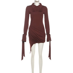 Long sleeve turnover collar button ruched mini dress