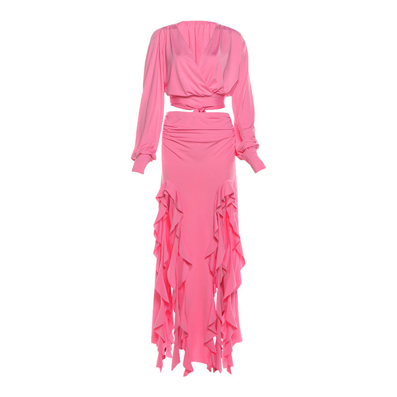 Long sleeve v neck self tie slit maxi skirt set