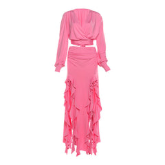 Long sleeve v neck self tie slit maxi skirt set
