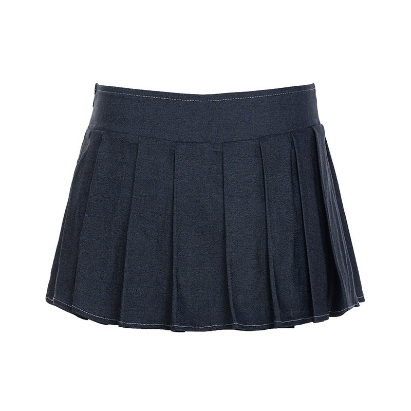 Pleated denim A line zip-up mini skirt