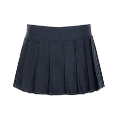 Pleated denim A line zip-up mini skirt