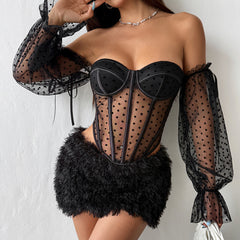 Long sleeve polka dot off shoulder corset top