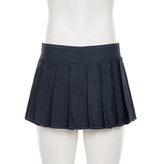 Pleated denim A line zip-up mini skirt