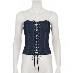 Lace up zip-up denim corset tube top