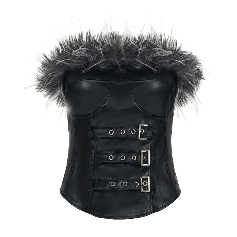 Fluffy zip-up buckle PU leather tube top
