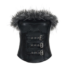 Fluffy zip-up buckle PU leather tube top