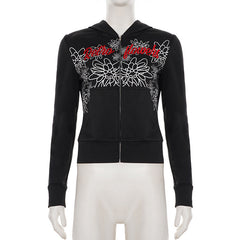 Long sleeve zip-up hoodie letter embroidery top