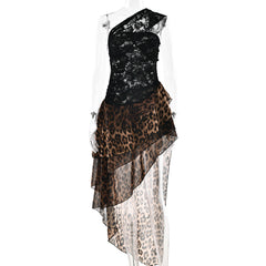 Leopard print irregular lace one shoulder mini dress
