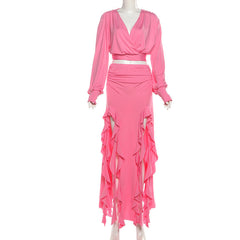 Long sleeve v neck self tie slit maxi skirt set