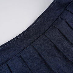 Pleated denim A line zip-up mini skirt