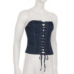 Lace up zip-up denim corset tube top
