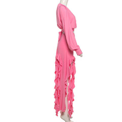 Long sleeve v neck self tie slit maxi skirt set