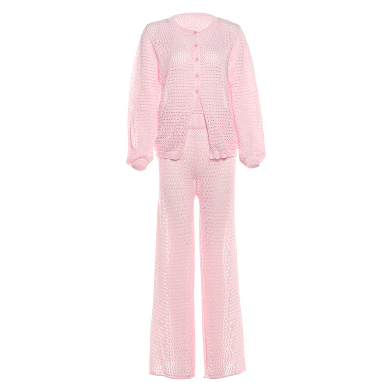Long sleeve button crewneck hollow out pant set