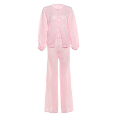 Long sleeve button crewneck hollow out pant set
