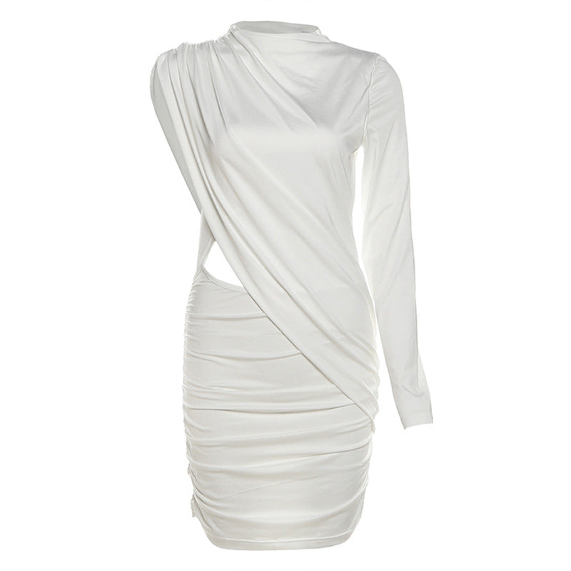 Irregular long sleeve ruched solid mini dress