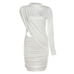 Irregular long sleeve ruched solid mini dress
