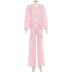 Long sleeve button crewneck hollow out pant set