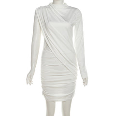 Irregular long sleeve ruched solid mini dress