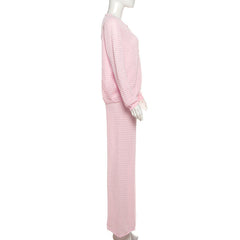 Long sleeve button crewneck hollow out pant set