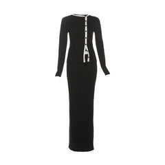 Button crewneck long sleeve maxi skirt set